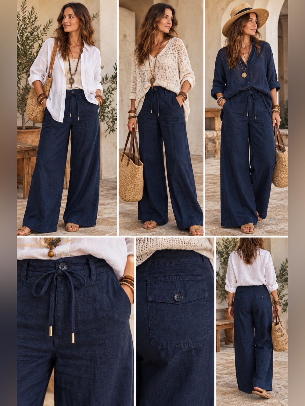 Lauren Ralph Lauren 100% Linen Wide-Leg Drawstring Pants Navy Plus Size 16